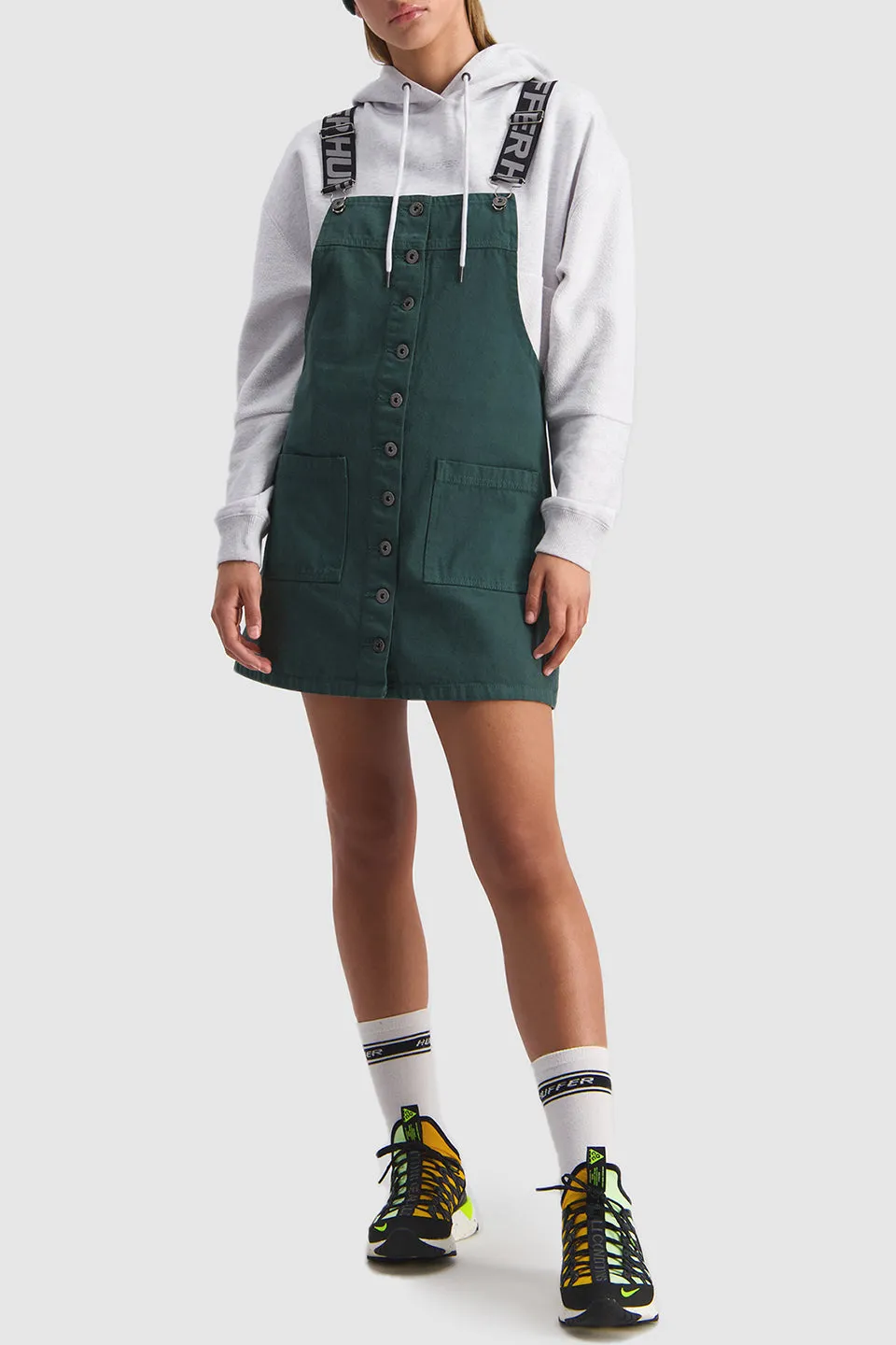 Tessa Racing Green Button Thru Dungaree Dress