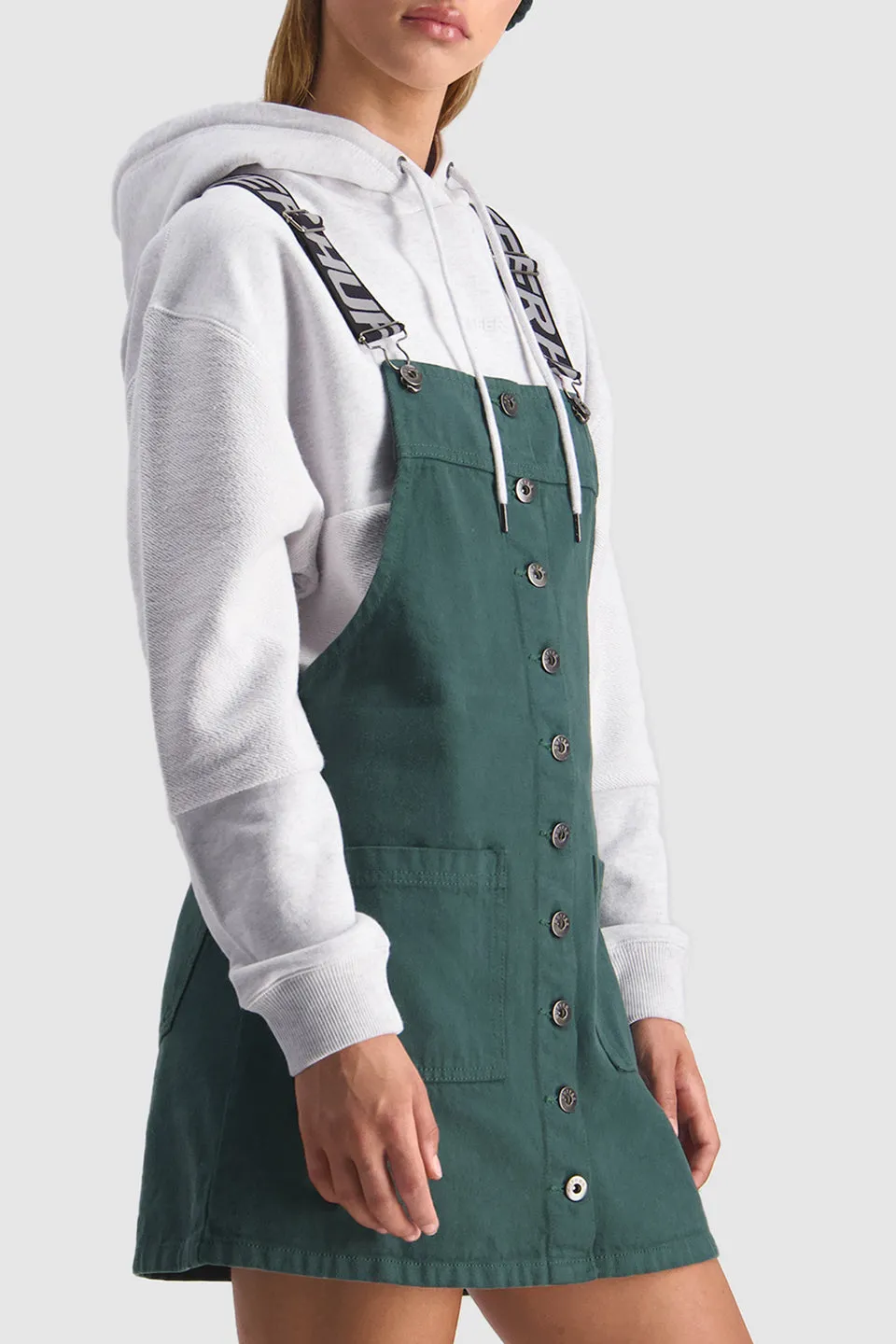 Tessa Racing Green Button Thru Dungaree Dress