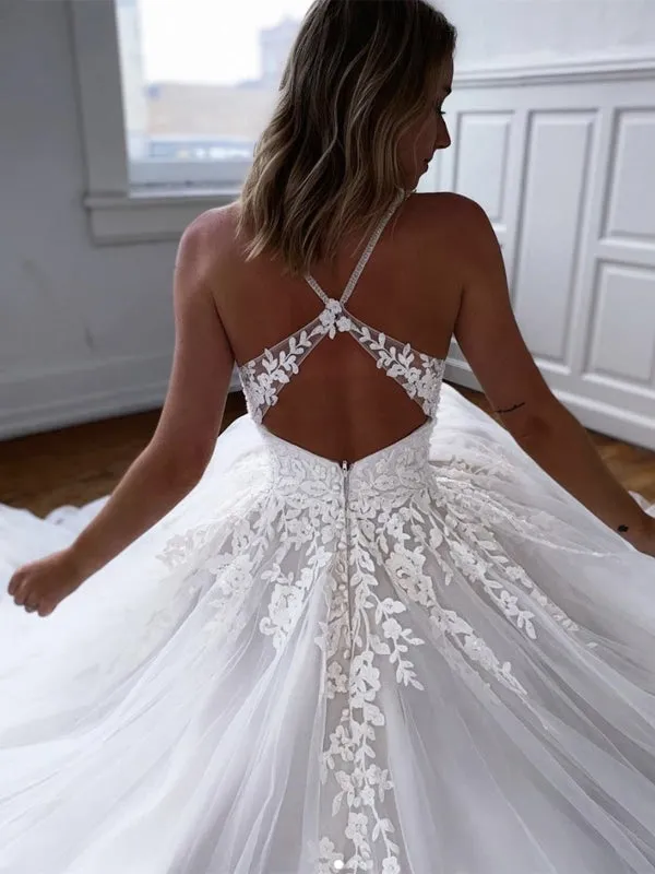 V Neck Open Back White Lace Long Prom Dresses, White Lace Wedding Dresses, White Formal Evening Dresses