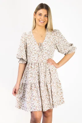 Valentine Ivory Mini Floral V Neck SS Puff Sleeve Tiered Smock Dress