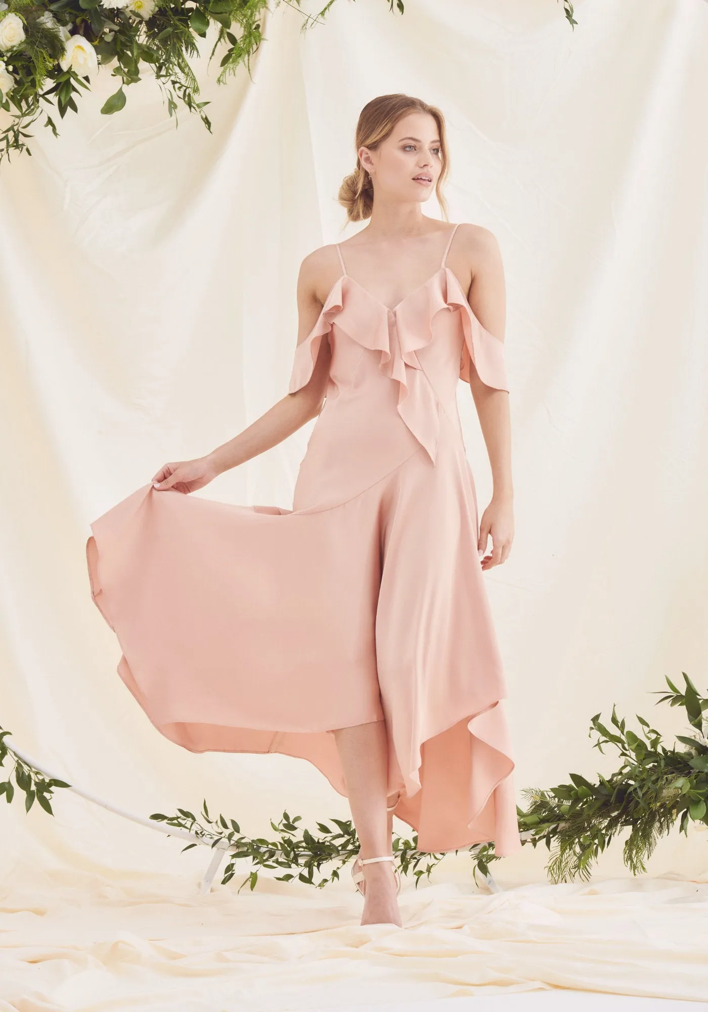 Vienna Frill Cold Shoulder Satin Midi Dress - Rose Pink