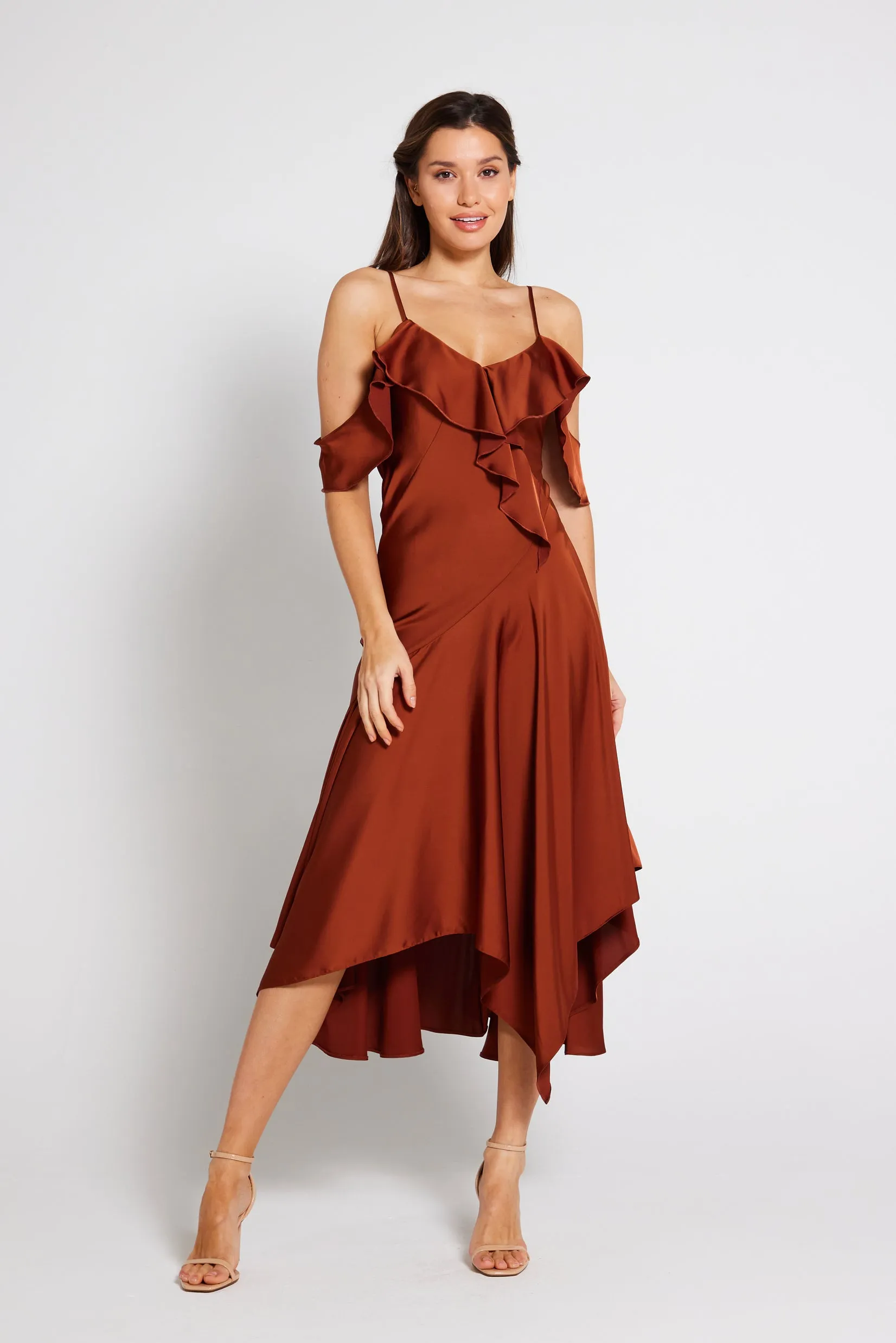 Vienna Frill Cold Shoulder Satin Midi Dress - Rust