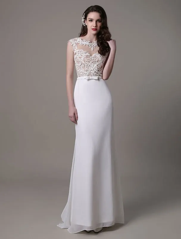 Vintage Wedding Dress Lace And Chiffon Sheath With Stunning Bateau Illusion Neckline And Illusion Back Exclusive