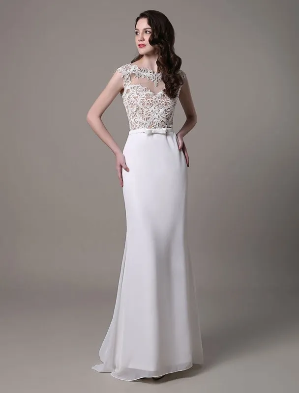 Vintage Wedding Dress Lace And Chiffon Sheath With Stunning Bateau Illusion Neckline And Illusion Back Exclusive