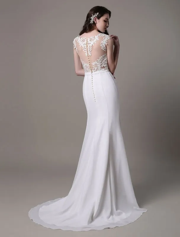 Vintage Wedding Dress Lace And Chiffon Sheath With Stunning Bateau Illusion Neckline And Illusion Back Exclusive