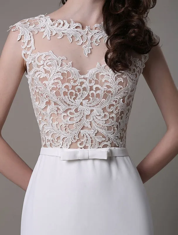 Vintage Wedding Dress Lace And Chiffon Sheath With Stunning Bateau Illusion Neckline And Illusion Back Exclusive