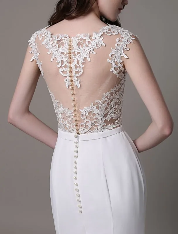 Vintage Wedding Dress Lace And Chiffon Sheath With Stunning Bateau Illusion Neckline And Illusion Back Exclusive