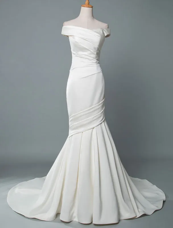 Vintage Wedding Dress Mermaid Off The Shoulder Sleeveless Pleated Satin Fabric With Train Traditional Dresses For Bride