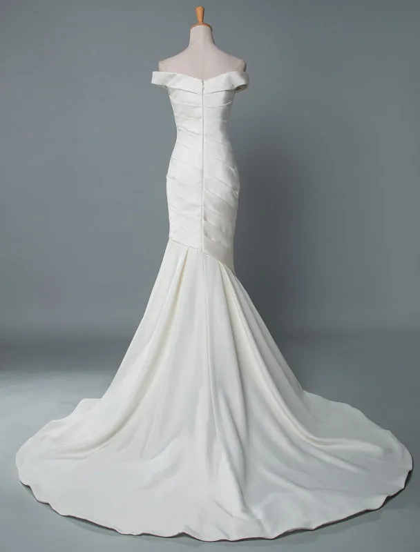 Vintage Wedding Dress Mermaid Off The Shoulder Sleeveless Pleated Satin Fabric With Train Traditional Dresses For Bride