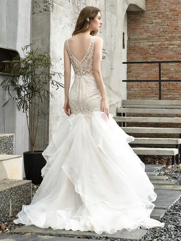 Wedding Bridal Gowns Mermaid Sleeveless V Neck Lace Bridal Gowns With Train