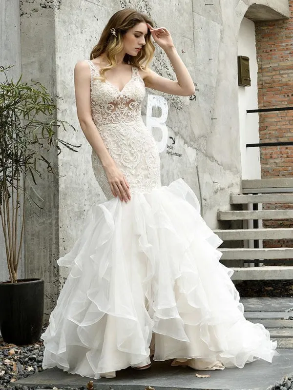 Wedding Bridal Gowns Mermaid Sleeveless V Neck Lace Bridal Gowns With Train