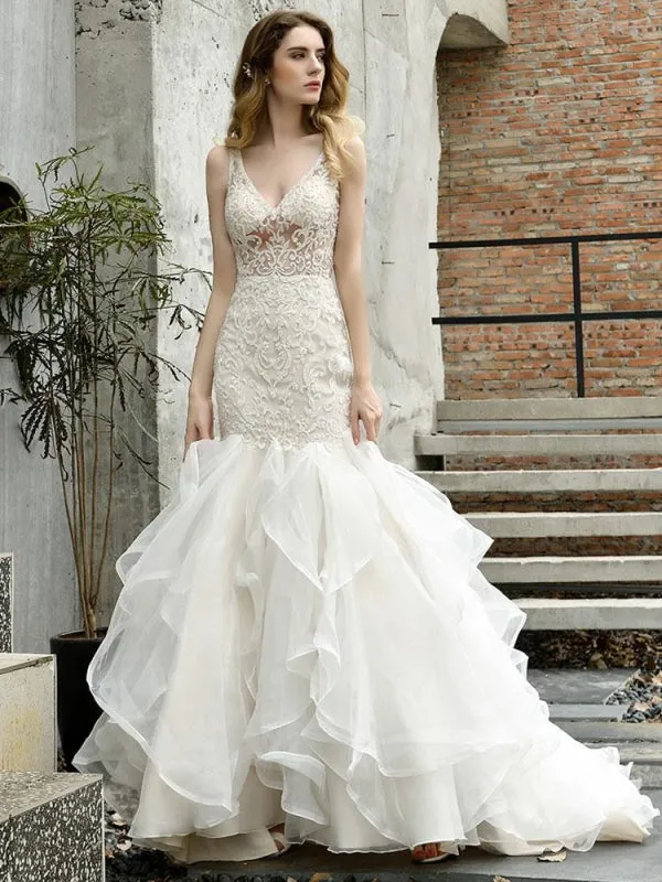 Wedding Bridal Gowns Mermaid Sleeveless V Neck Lace Bridal Gowns With Train