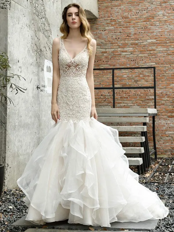 Wedding Bridal Gowns Mermaid Sleeveless V Neck Lace Bridal Gowns With Train