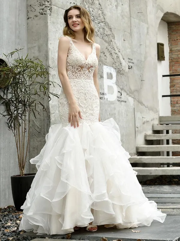 Wedding Bridal Gowns Mermaid Sleeveless V Neck Lace Bridal Gowns With Train