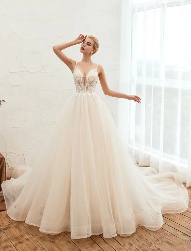 Wedding Dress 2021 A Line V Neck Sleeveless Natural Waist With Train Tulle Bridal Gowns