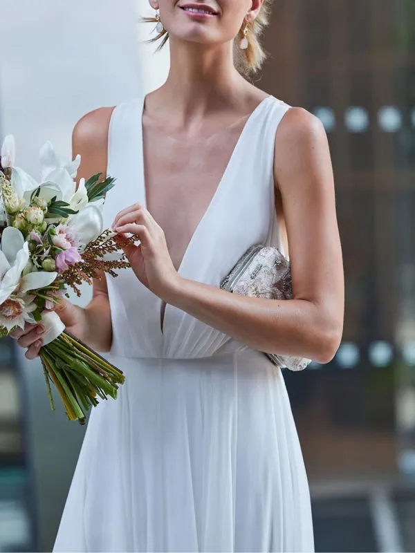 Wedding Dress Deep V-Neck Beaded Sash Chiffon Bridal Dress