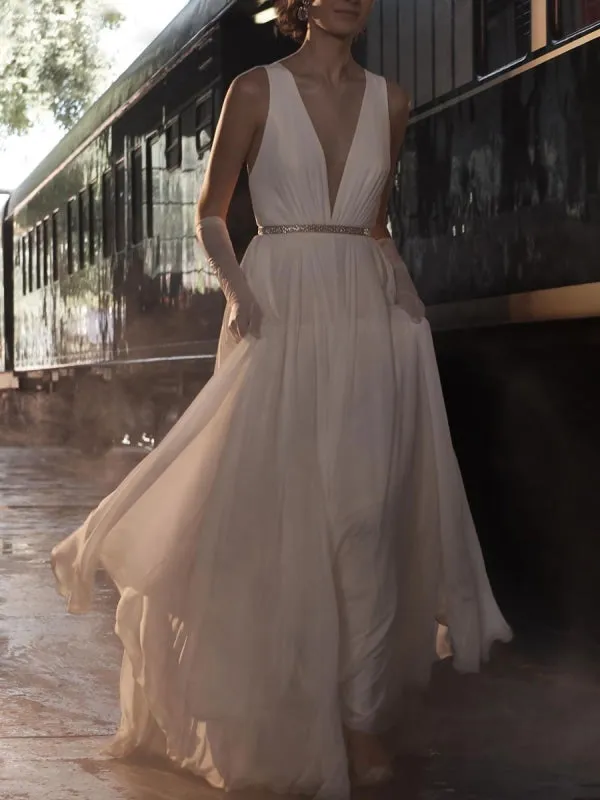 Wedding Dress Deep V-Neck Beaded Sash Chiffon Bridal Dress