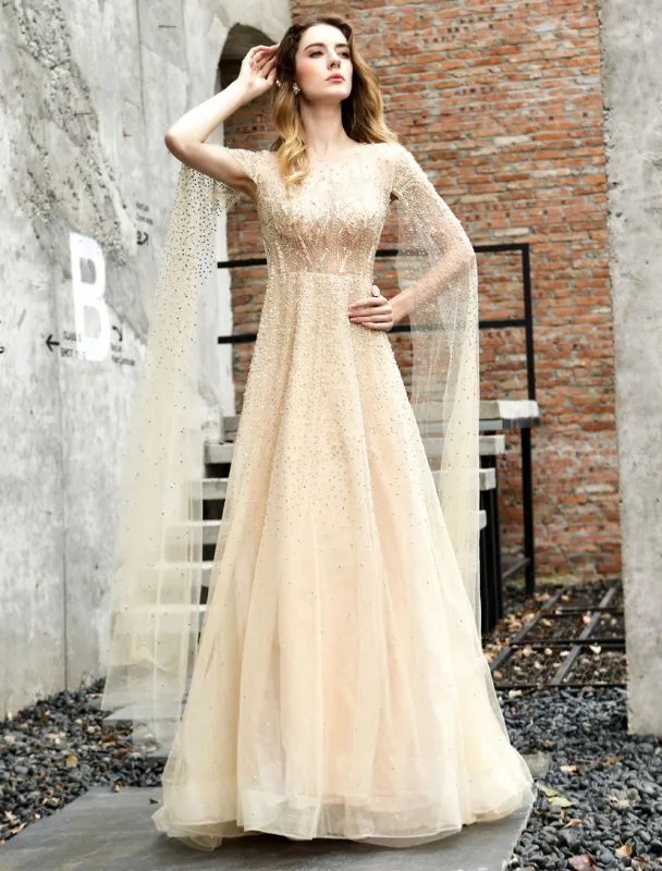 Wedding Dresses A Line Sweep Short Sleeves Beaded Jewel Neck Tulle Bridal Dresses