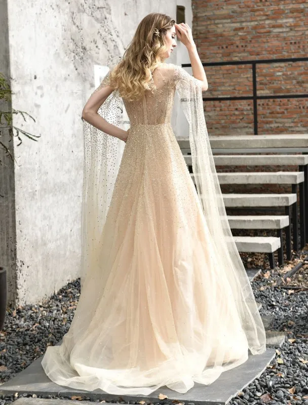 Wedding Dresses A Line Sweep Short Sleeves Beaded Jewel Neck Tulle Bridal Dresses