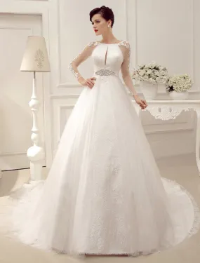 Wedding Dresses Ball Gown Bridal Dress Long Sleeve Lace Applique Beaded Rhinestones Sash Illusion Cutout Wedding Gown With Train Exclusive