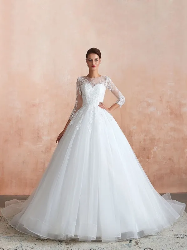 Wedding Gown 2021 3/4 Sleeve Jewel Neck Lace Appliqued Beaded Ball Gown Bridal Wedding Dress With Train