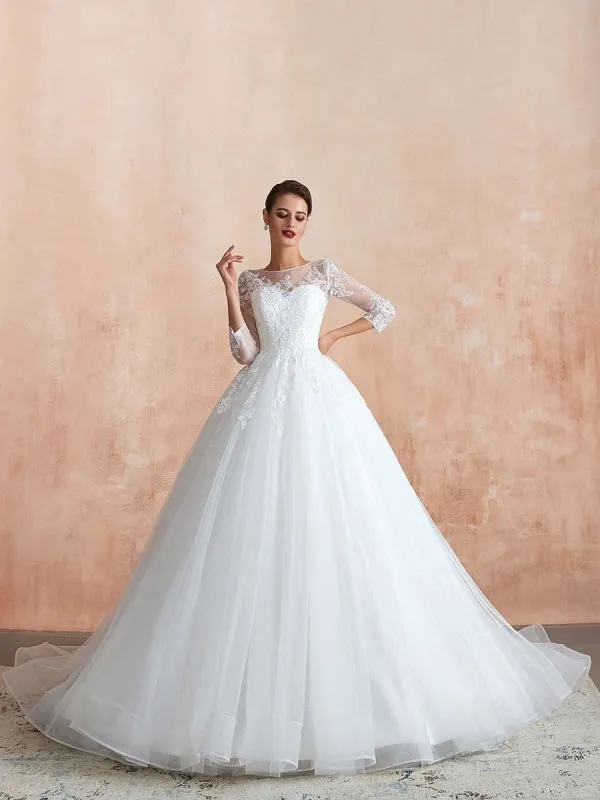 Wedding Gown 2021 3/4 Sleeve Jewel Neck Lace Appliqued Beaded Ball Gown Bridal Wedding Dress With Train