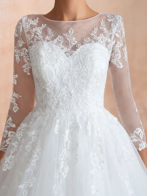 Wedding Gown 2021 3/4 Sleeve Jewel Neck Lace Appliqued Beaded Ball Gown Bridal Wedding Dress With Train