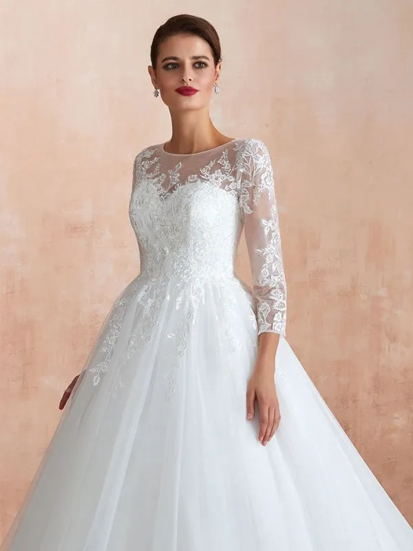 Wedding Gown 2021 3/4 Sleeve Jewel Neck Lace Appliqued Beaded Ball Gown Bridal Wedding Dress With Train