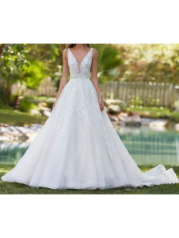 White Wedding Dresses A Line Floor Length Sleeveless Applique V Neck Long Bridal Dresses