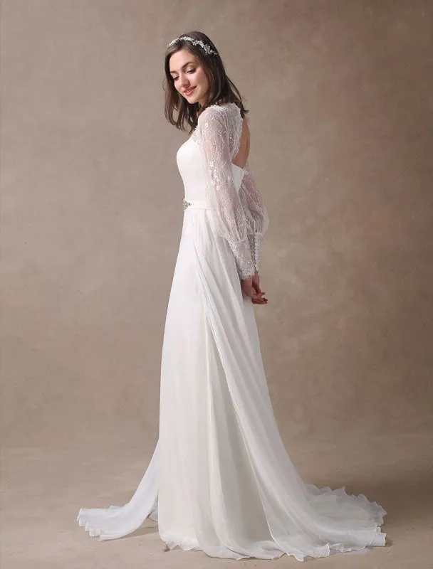 White Wedding Dresses Long Sleeve Lace Chiffon Beading Sash Illusion Beach Bridal Dress With Train Exclusive