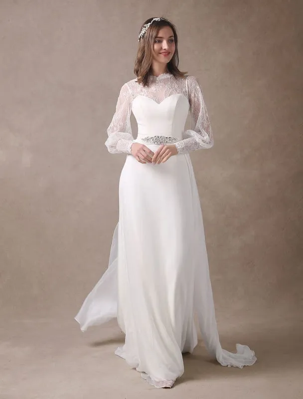 White Wedding Dresses Long Sleeve Lace Chiffon Beading Sash Illusion Beach Bridal Dress With Train Exclusive