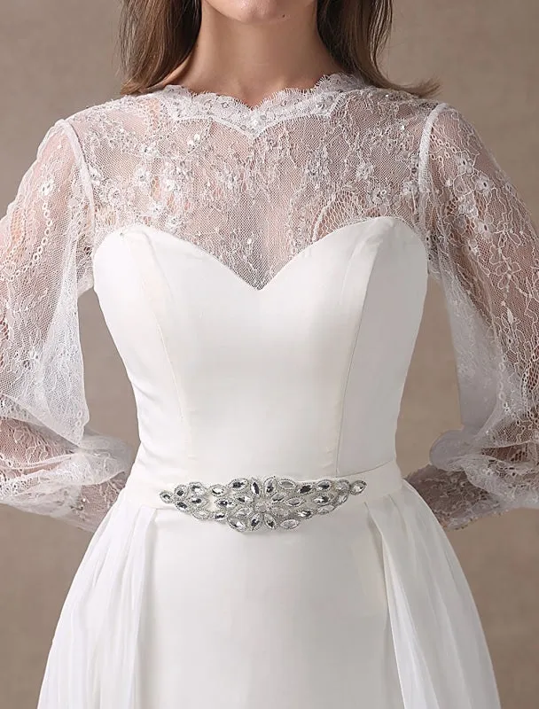 White Wedding Dresses Long Sleeve Lace Chiffon Beading Sash Illusion Beach Bridal Dress With Train Exclusive