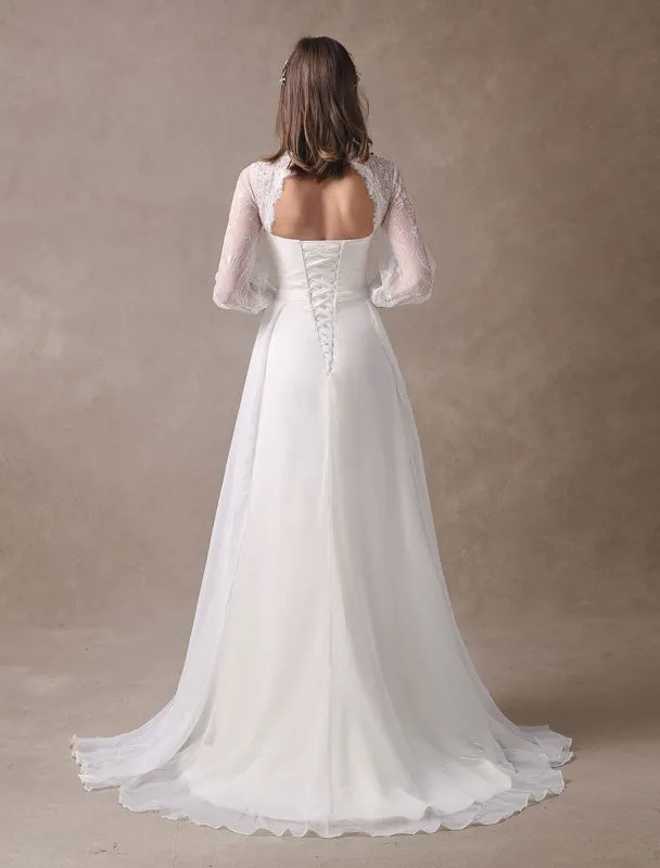 White Wedding Dresses Long Sleeve Lace Chiffon Beading Sash Illusion Beach Bridal Dress With Train Exclusive