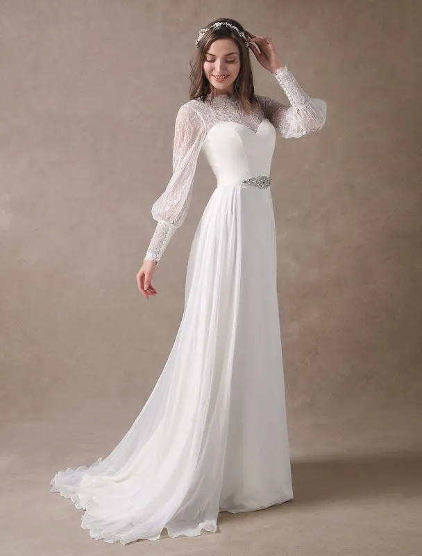 White Wedding Dresses Long Sleeve Lace Chiffon Beading Sash Illusion Beach Bridal Dress With Train Exclusive