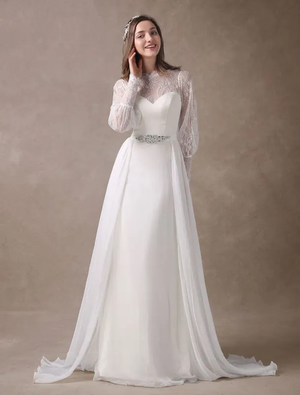 White Wedding Dresses Long Sleeve Lace Chiffon Beading Sash Illusion Beach Bridal Dress With Train Exclusive