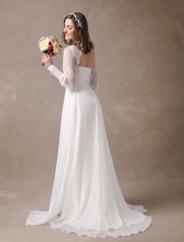 White Wedding Dresses Long Sleeve Lace Chiffon Beading Sash Illusion Beach Bridal Dress With Train Exclusive