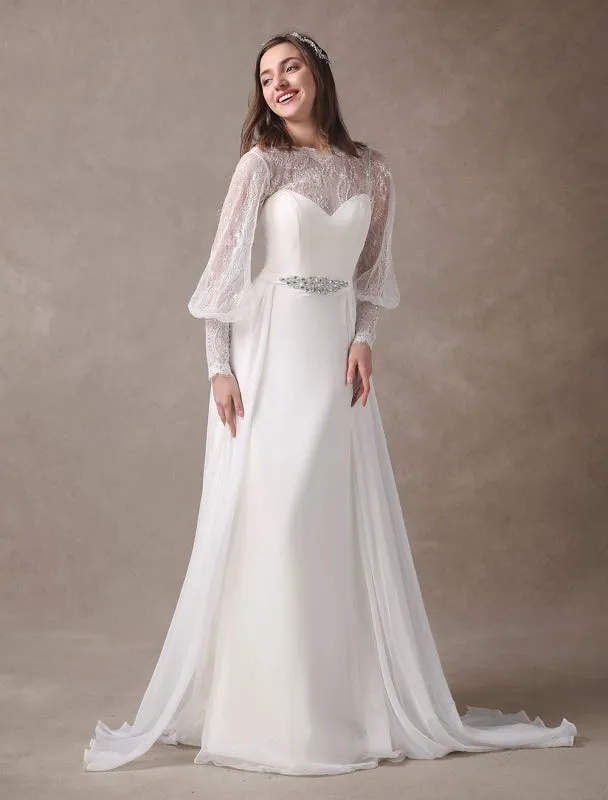 White Wedding Dresses Long Sleeve Lace Chiffon Beading Sash Illusion Beach Bridal Dress With Train Exclusive