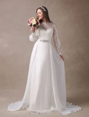 White Wedding Dresses Long Sleeve Lace Chiffon Beading Sash Illusion Beach Bridal Dress With Train Exclusive