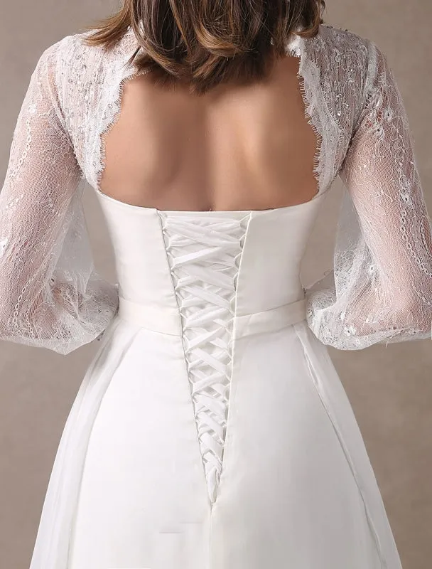 White Wedding Dresses Long Sleeve Lace Chiffon Beading Sash Illusion Beach Bridal Dress With Train Exclusive