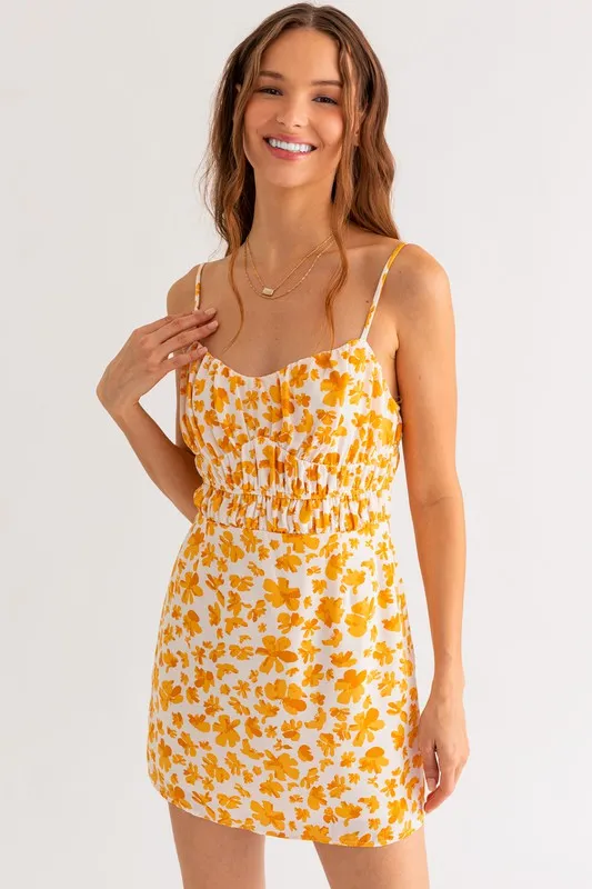 Yellow Fields Ruched Mini Dress