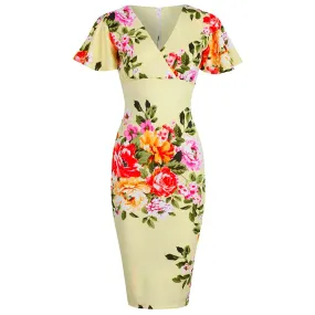 Yellow Floral Half Sleeve Deep V Neck Crossover Top Wiggle Dress